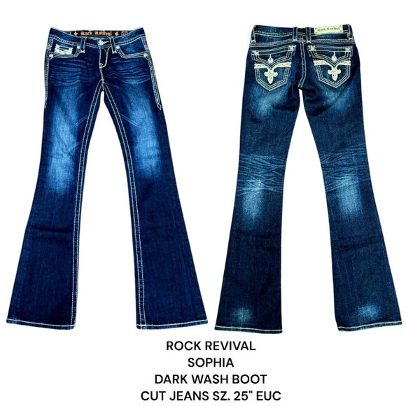 ROCK REVIVAL  SOPHIA BOOT CUT DARK WASH FLEUR RHINESTONE JEANS SZ. 25" EUC - Picture 1 of 6